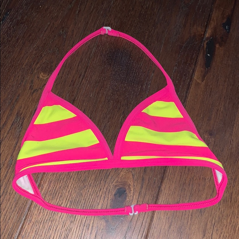 Pink and neon yellow striped bikini top👙